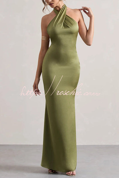 Color Halter Neck Tie Backless Slim Maxi Dress