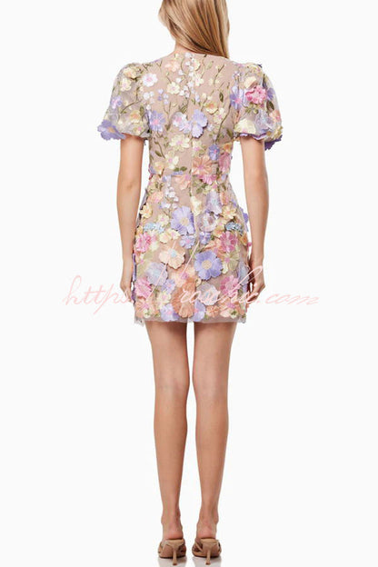 Garden Gala Embroidered Applique Puff Sleeve Mini Dress