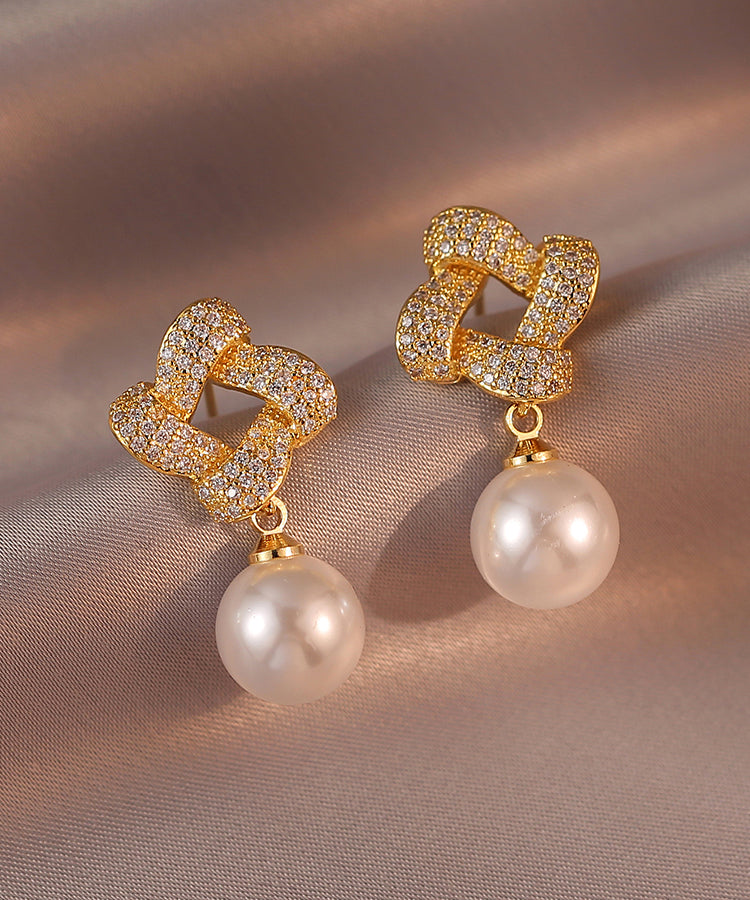 Gold Sterling Silver Alloy Zircon Pearl Square Drop Earrings