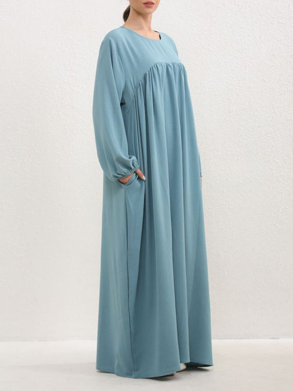 Long Sleeves Loose Pleated Color Split-joint Round-neck Maxi Dresses