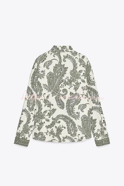 Blend Into Leaves Linen Blend Unique Print Long Sleeve Blouse and Wrap Tie-up Mini Skirt Set