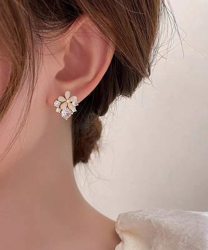 Regular Beige Sterling Silver Overgild Cat's Eye Stone Zircon Stud Earrings