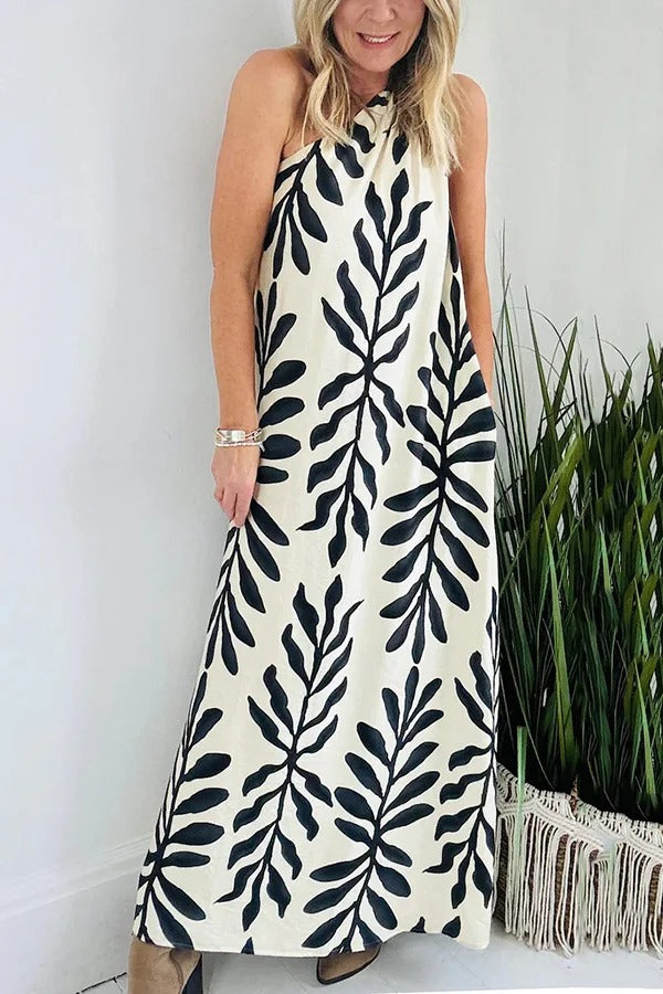 Unique Printed One Shoulder Pocketed Loose Maxi Dress