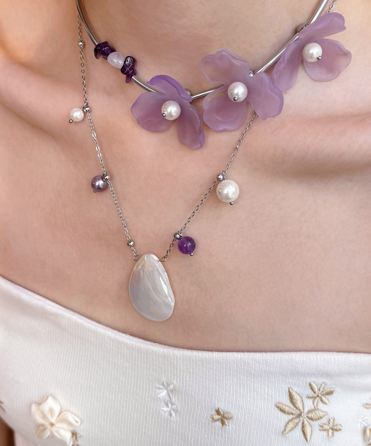 Purple Pearl Shell Alloy Two Piece Set Pendant Necklace