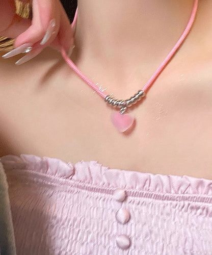 Pink Handmade Weaving Love Pendant Necklace