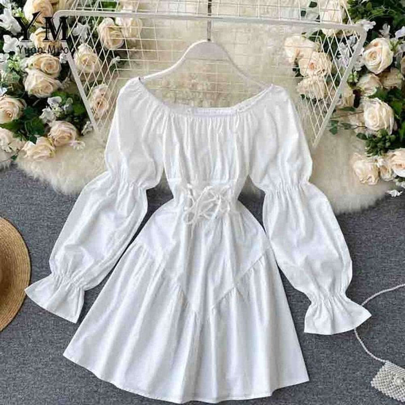 Simple White Off Shoulder Lace-up Waist Puff Sleeve Mini Dress