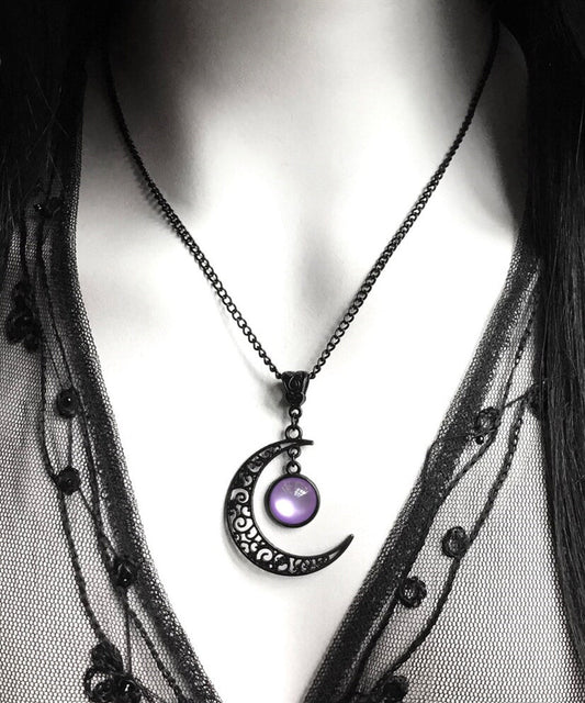 Original Purple Alloy Crystal Moon Hollow Out Pendant Necklace