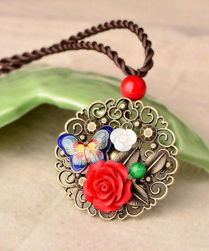 Retro Red Butterfly Hollow Out Metal Pendant Necklace