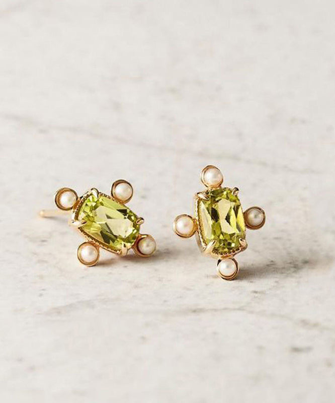 Gold Sterling Silver Overgild Crystal Pearl Stud Earrings