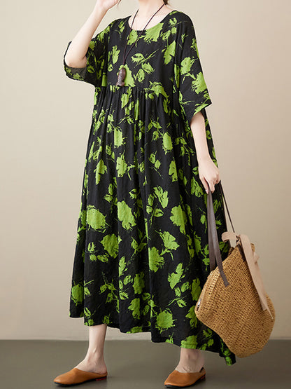 Loose Pleated Round-neck Midi Dresses