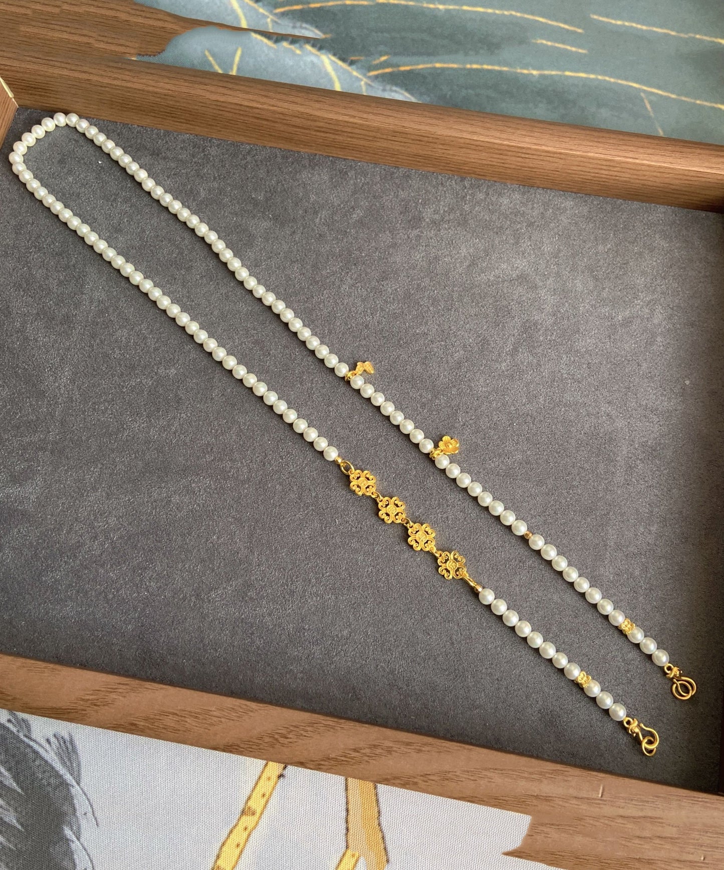 Chinese Style White Sterling Silver Overgild Pearl Ruyi Lock Sweater Pendant Necklace