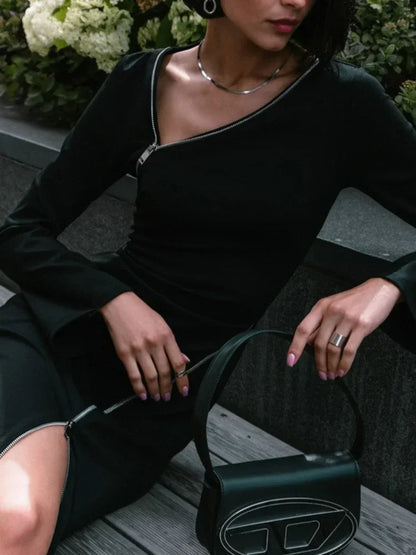 Zipper Patchwork Black Long Dress Off-shoulder High Waist Clothes Party Dress Slim Maxi Dress