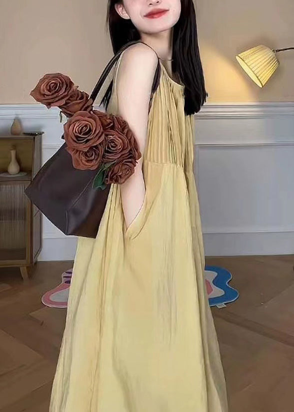 Yellow O Neck Pockets Cotton Long Dress Sleeveless Tt1048