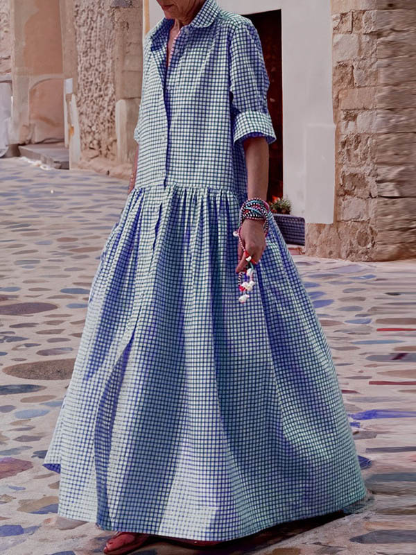 Long Sleeves Loose Buttoned Plaid Pleated Split-joint Lapel Maxi Dresses