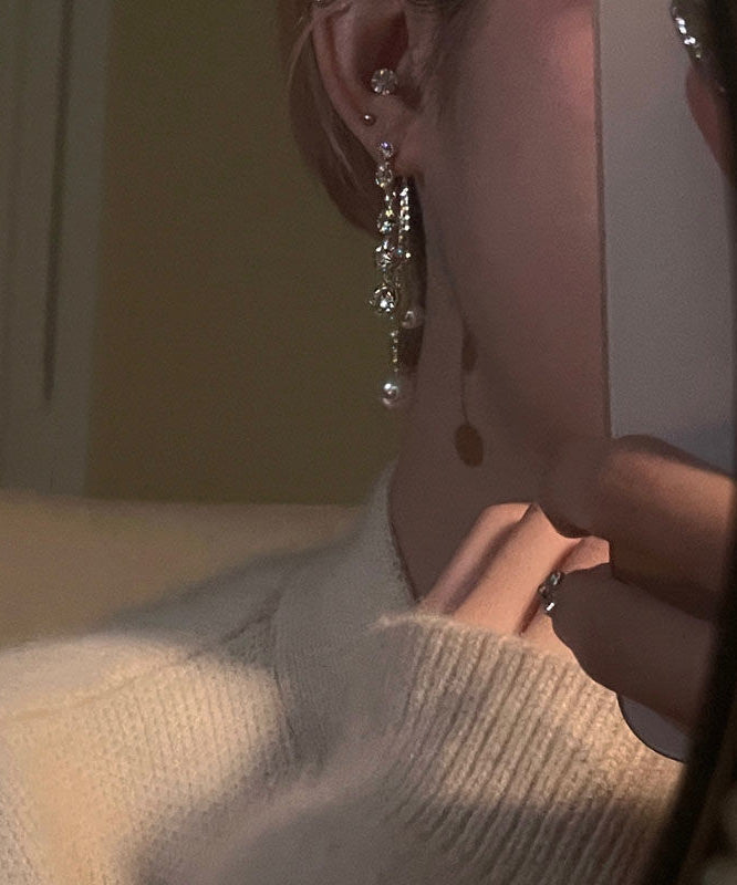 Gold Copper Alloy Zircon Pearl Tassel Drop Earrings