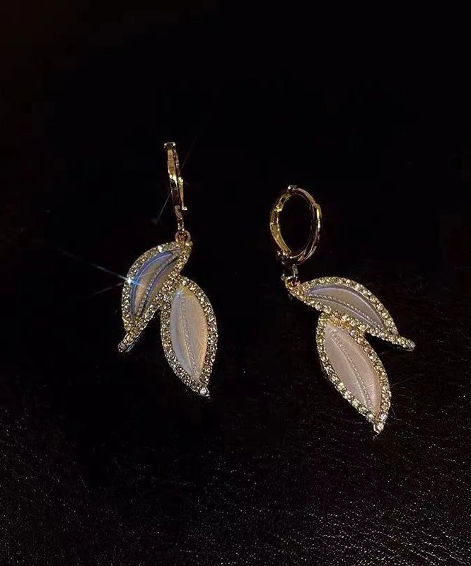 Diy Gold Copper Overgild Zircon Leaves Drop Earrings