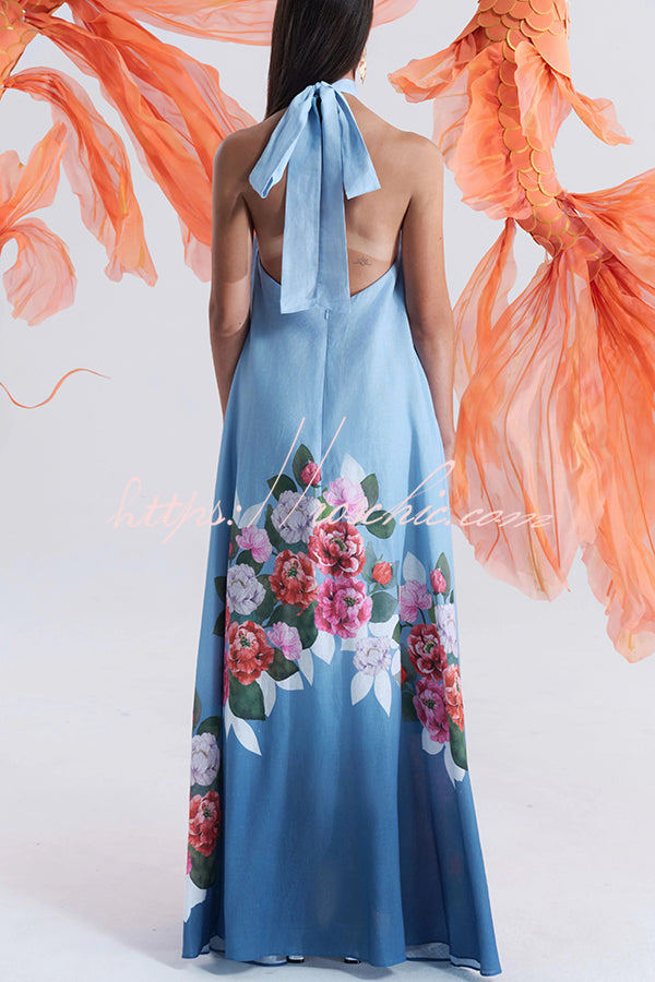 Blooming Flowers Satin Printed A-line Halter Tie-up Maxi Dress