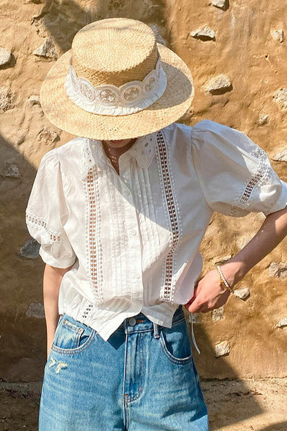 Stripe Lace Puff Sleeve Blouse