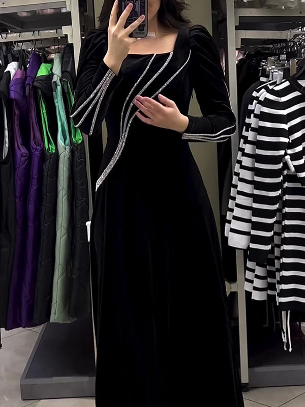 Color Tied Waist A-line Sequined Long Sleeves Maxi Dresses