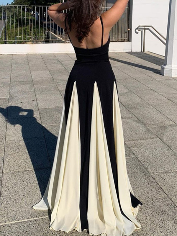 High Waisted Sleeveless Backless Contrast Color Pleated Split-joint Spaghetti-neck Maxi Dresses