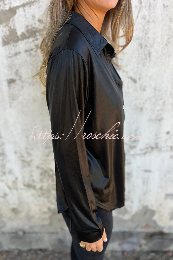 Holiday Look Metallic Loose Pocket Button-down Blouse