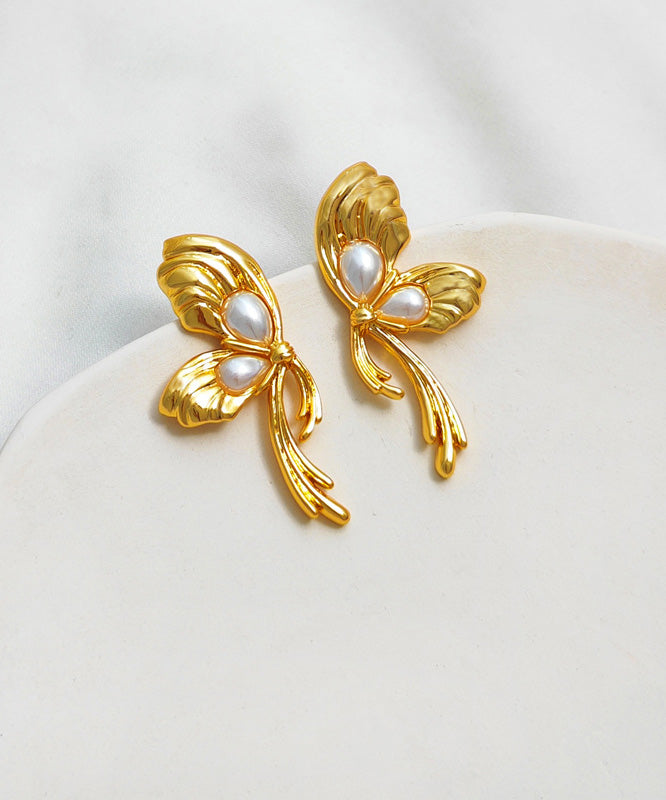 Gold Copper Overgild Pearl Bow Stud Earrings
