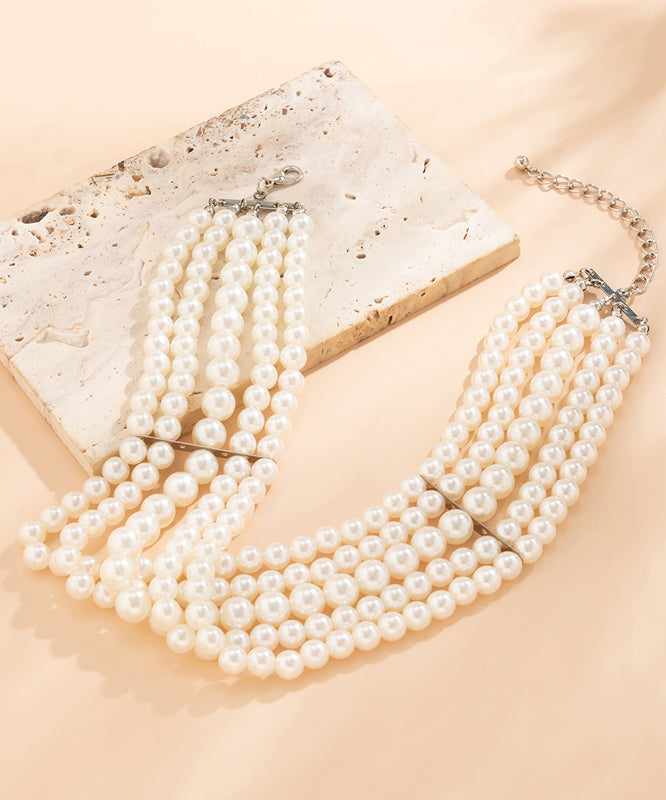 White Metal Multi Layer Pearl Necklace