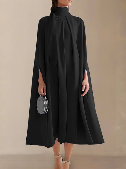 Simple Batwing Sleeves Lace-up Color High-neck Midi Dresses