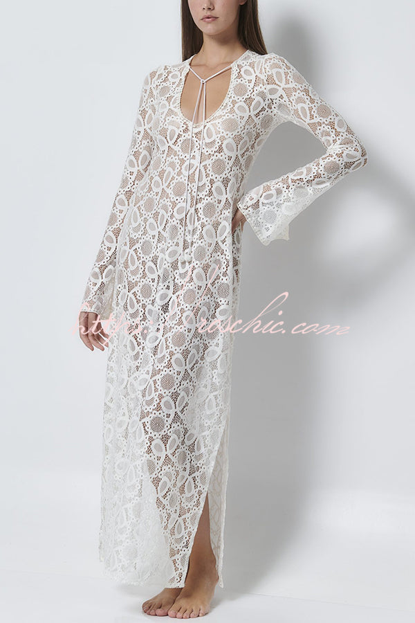 Santorini Sunset Lace Long Sleeve Slit Vacation Maxi Dress