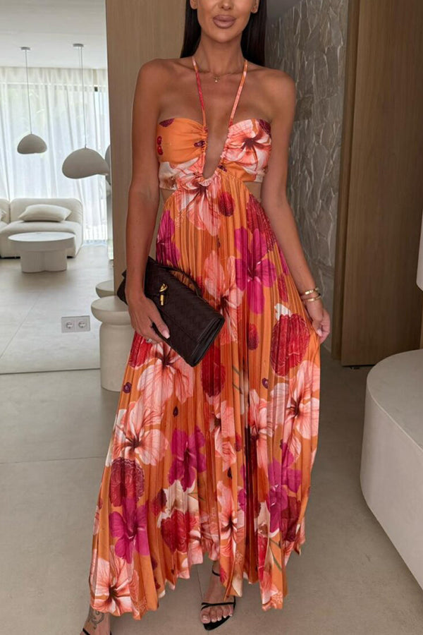 Casey Satin Print Cutout Halter Back Tie-up Pleated Maxi Dress
