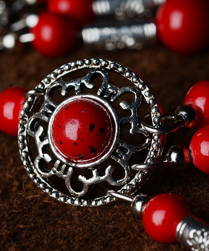 Red Stone Tibetan Style Silver Drop Earrings