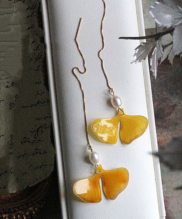 Stylish Yellow 14k Gold Pearl Ginkgo Leaf Tassel Drop Earrings