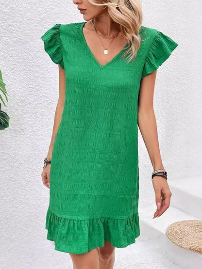 Loose Ruffle Sleeves Pleated Color Split-joint V-neck Mini Dresses