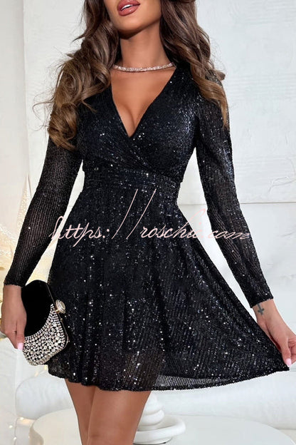 Night Out Sequin Wrap Long Sleeve Mini Dress
