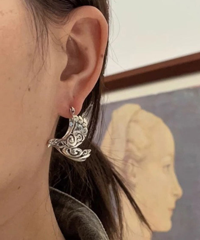 Retro Silk Sterling Silver Carve Bird in Flight Hollow Out Hoop Earrings