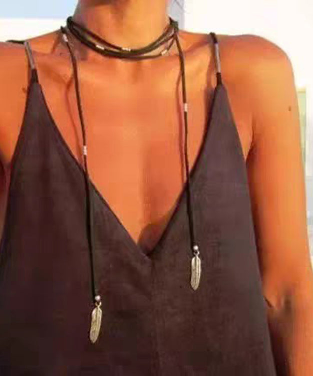 Beach Black Leather Alloy Feather Tassel Necklace