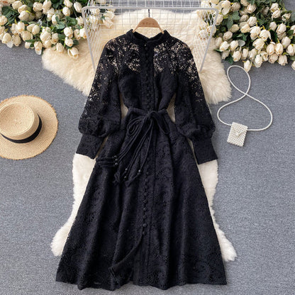 Apricot Cashew Flower Lace Embroidery Single Breasted Lantern Sleeve Midi Dress
