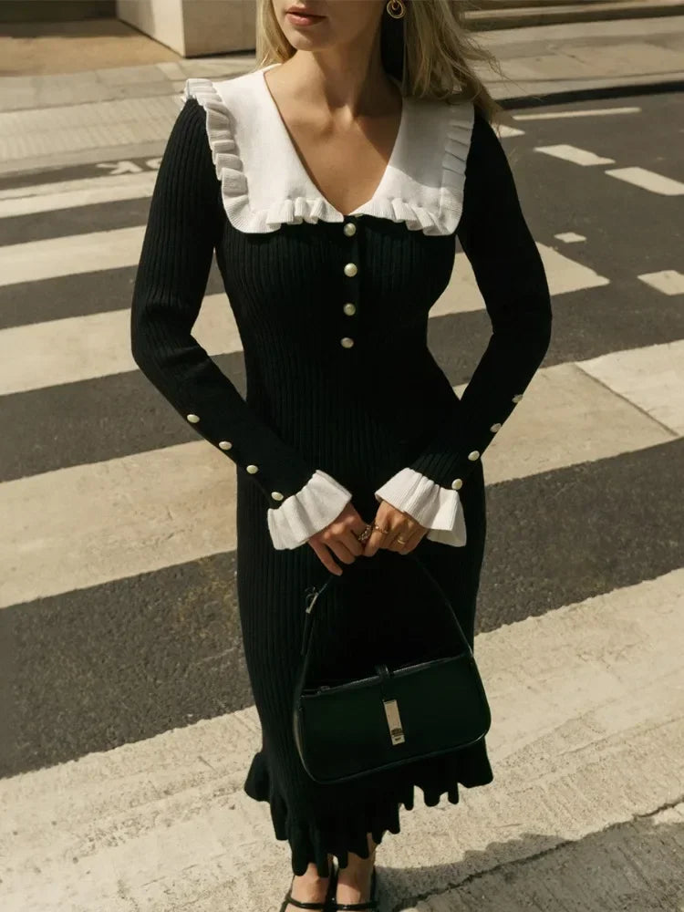Ruffled Patchwork Knit Maxi Dress for Ribbed Long Sleeve Party Dress Gown Slim Knitwear Long Dress