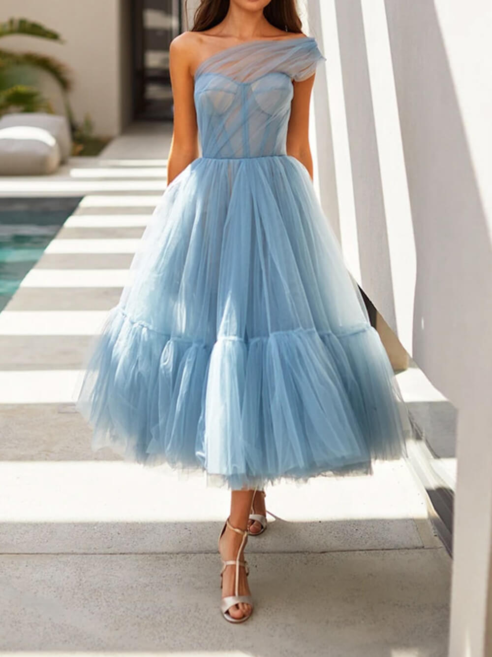 Off-shoulder Color Gauze Midi Dress