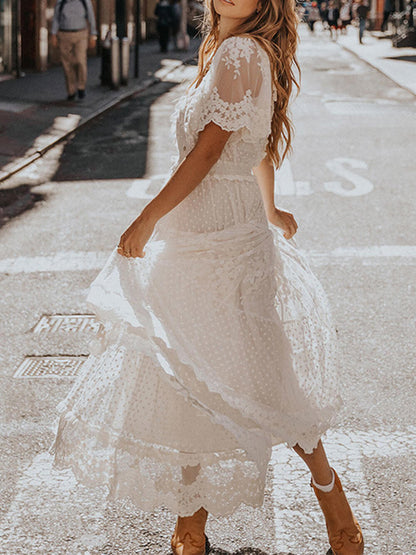 V-neck Short-sleeve Lace Maxi Dress