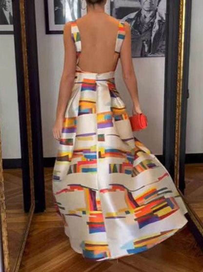 Sleeveless Backless Printed Party Maxi Dress