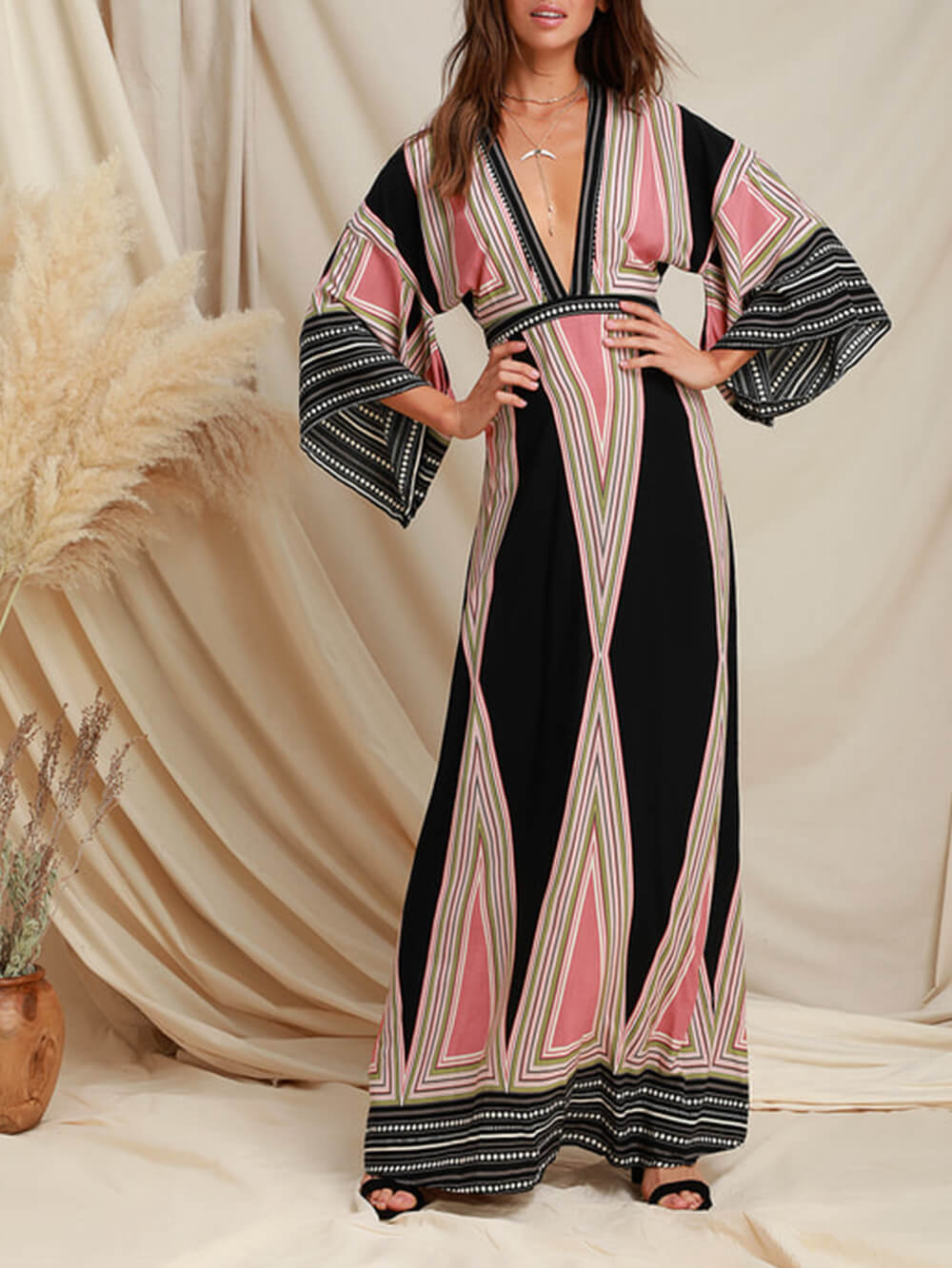 High Waisted Bell Sleeve Long Dress