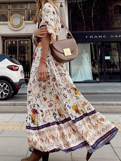 V-neck Printed Loose Maxi Dress