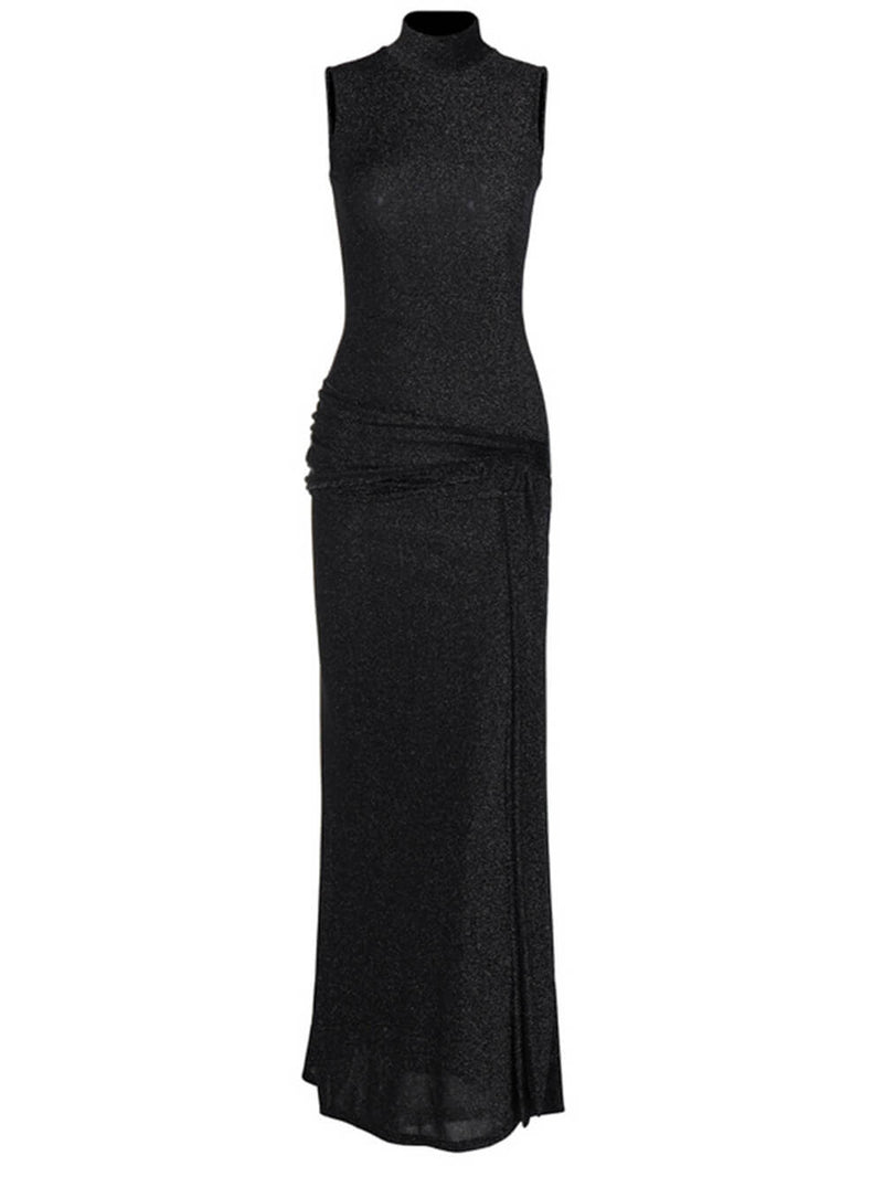 High-necked Sleeveless Long Dress With Ribbons and Bright Silk