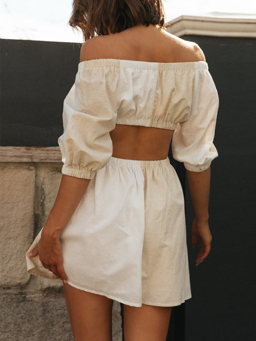 One-shoulder Off-waist Balloon Sleeve Mini Dress