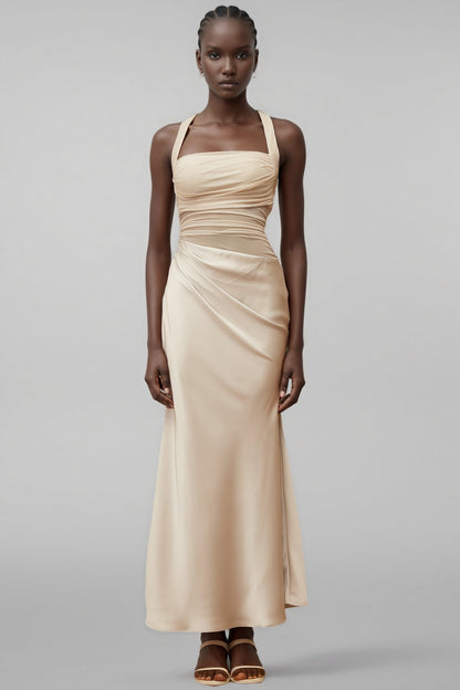 Freja Grey Mesh Panel Ruched Maxi Dress