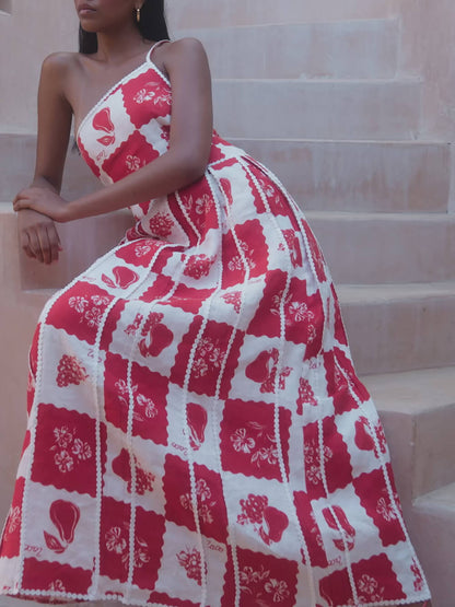 Unique Printed Trim One Shoulder Flared Maxi Dress