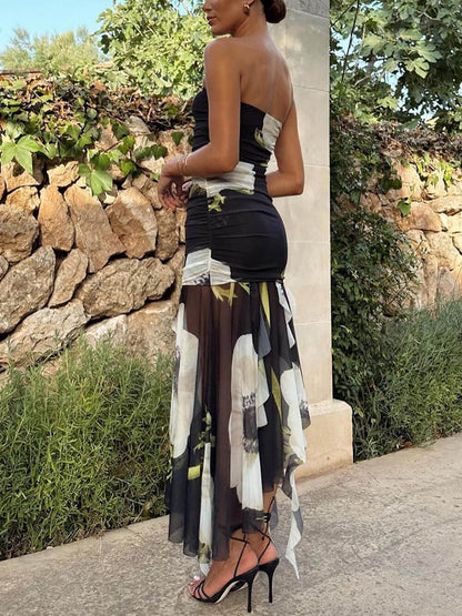 Mesh Overlay Print Off Shoulder Ruched Ruffles Stretch Midi Dress