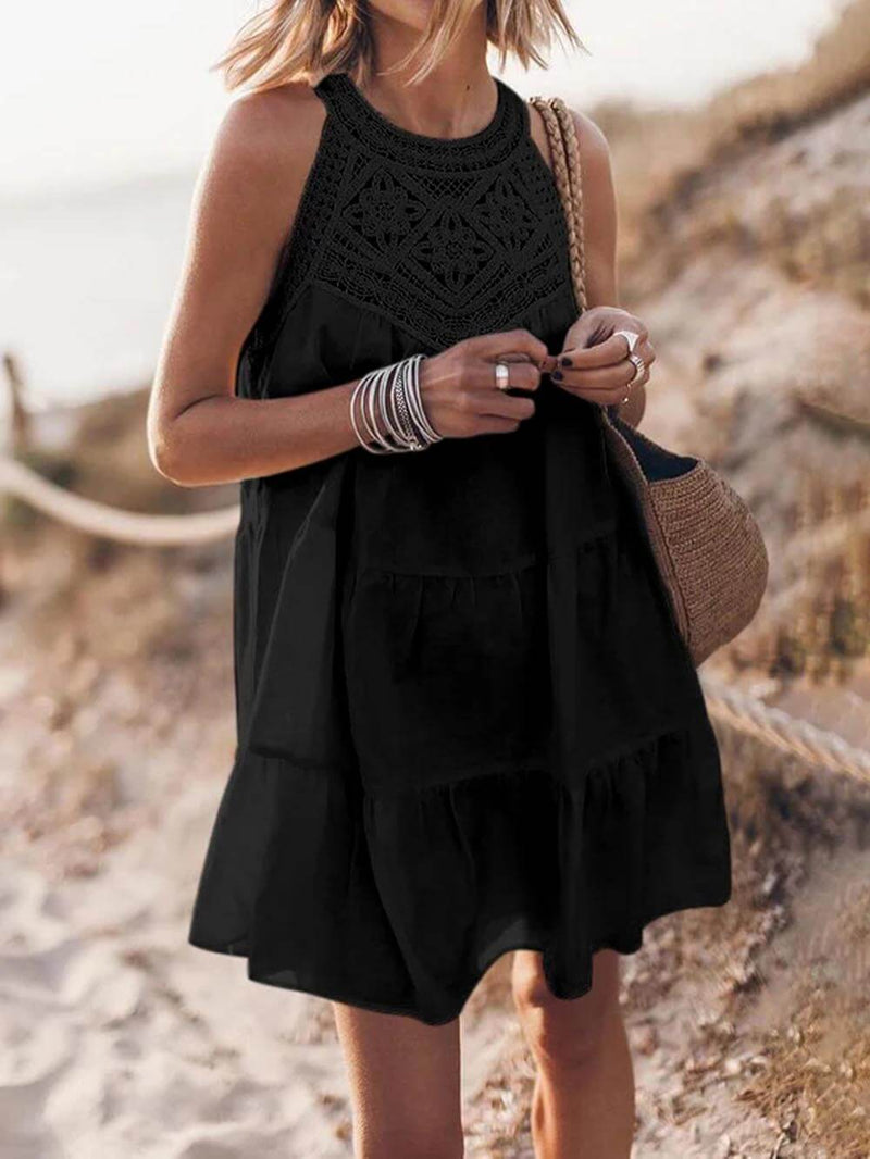 Hollow Lace Patchwork Halterneck A-line Mini Dress