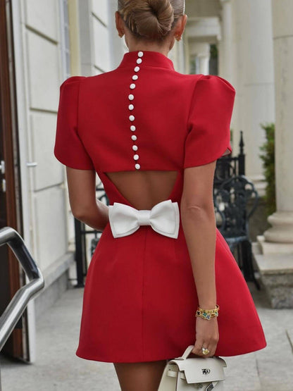 Sweet Moment Slit Short Sleeve Backless Bow Mini Dress